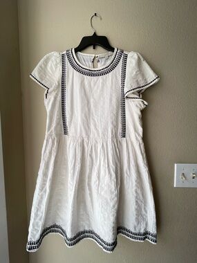 LOFT White Dress with Black Embroidered Accents Cotton Flutter sleeves boho